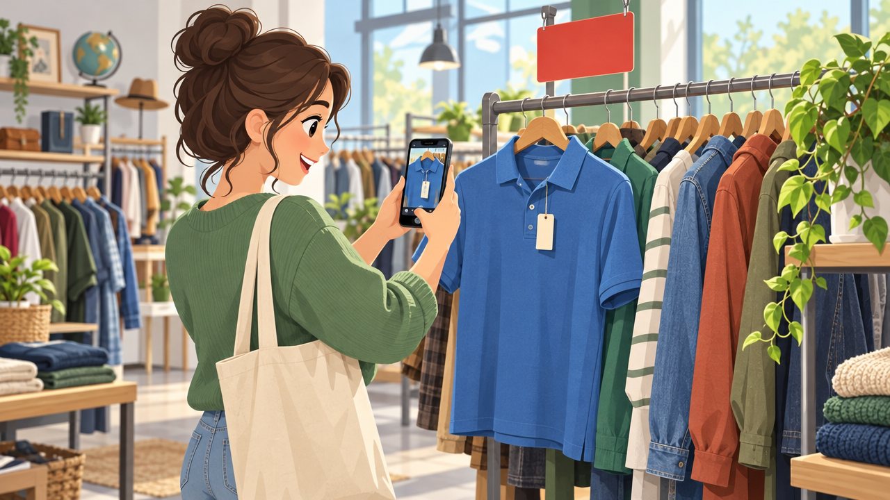 A shopper at a thrift store clearance rack using a phone to photograph a shirt and its price tag